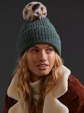 Anthropologie Beanie Hat Ribbed Knit Green Faux Leopard Pom Pom Winter Toque